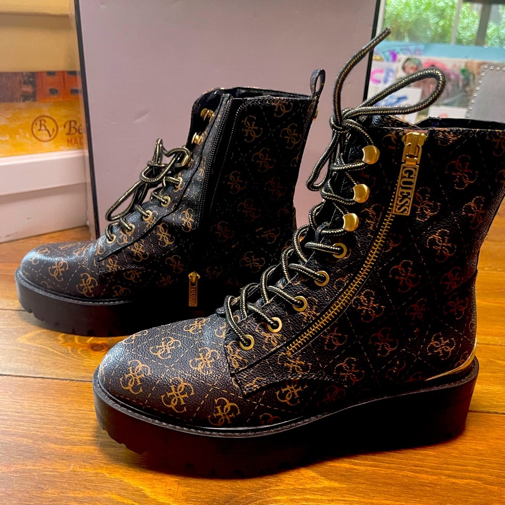 Guess Combat Bootie. Quattro G print. Gold tone emblem and hardware. NEW